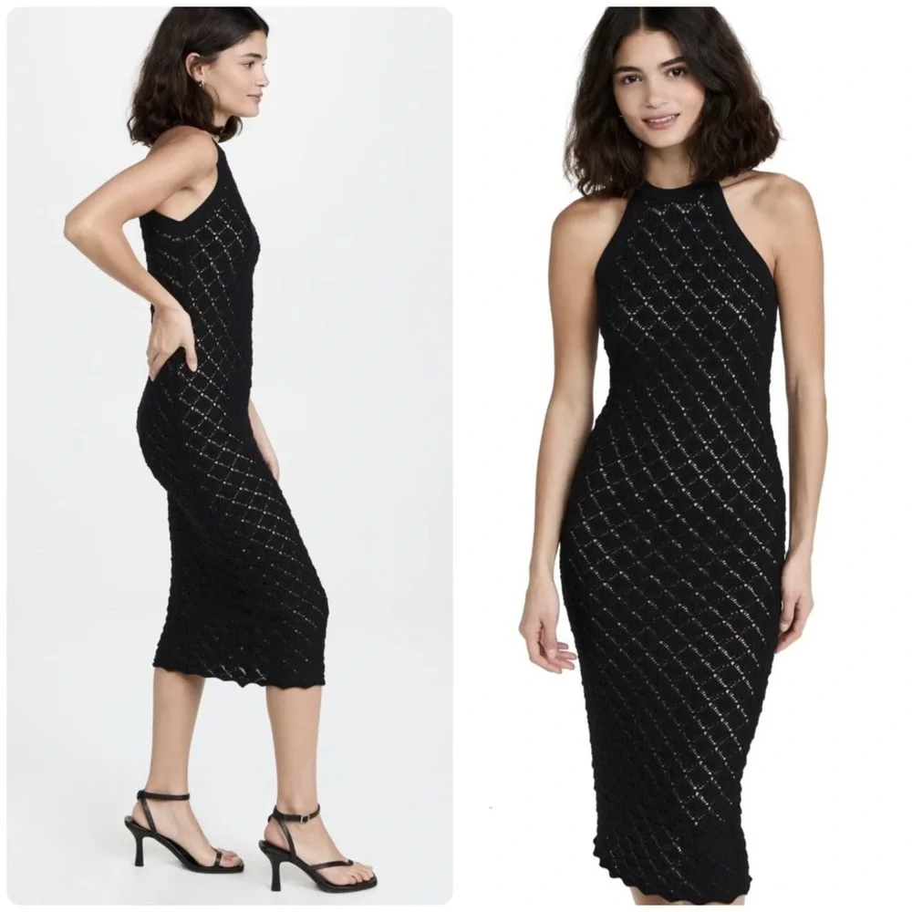 New! Alice + Olivia Lulu Halter Knit Neck Black Crochet Midi Dress 🖤 Medium NWT! - Picture 2 of 8